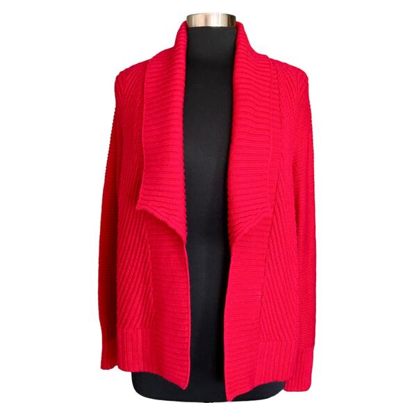 Chico's Raleigh Ribbed Cardigan Sultry Red Sz Large / 12 Cable Knit Shawl Collar - Picture 1 of 6